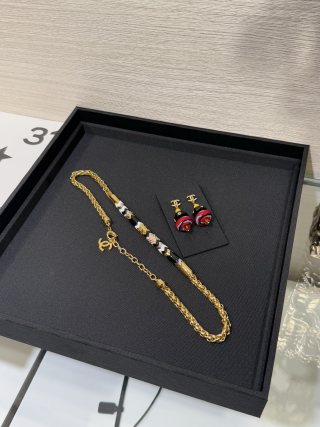 Chanel Black and Gold Enamel and Crystal Wave Short Necklace